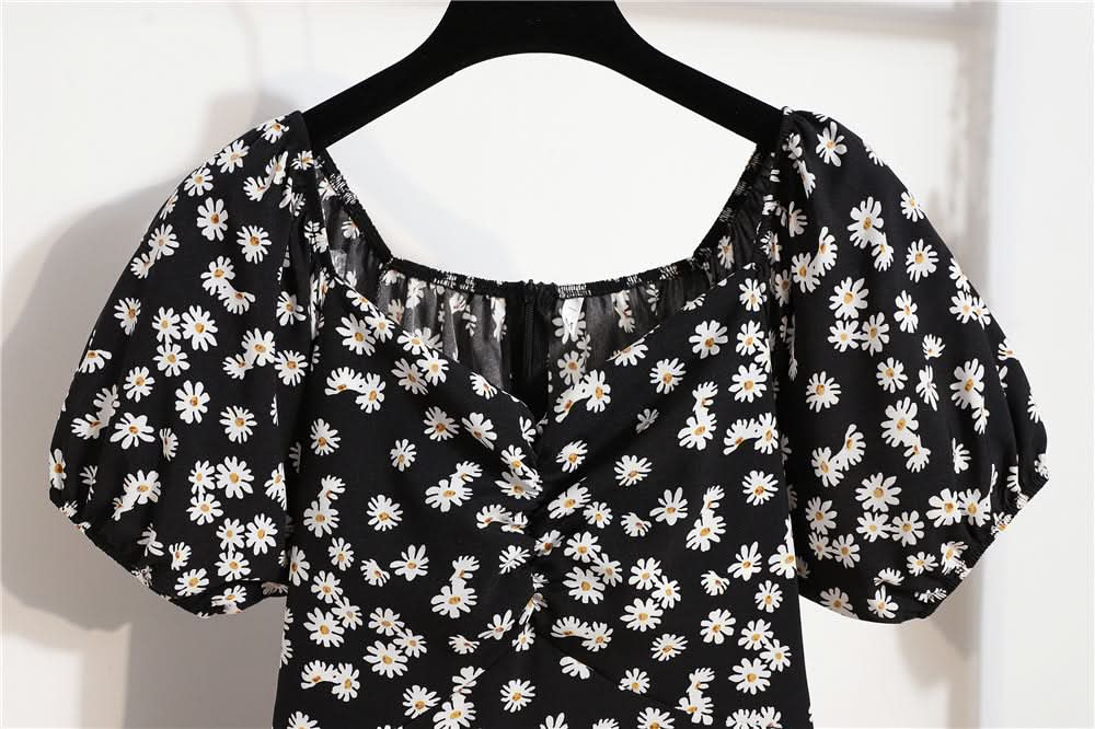 Women Mini Dresses Summer Fashion Female Vestidos Print Floral Chiffon Dresses Shirring Pleated Short Puffy Sleeve Casual Dress - M & M Global