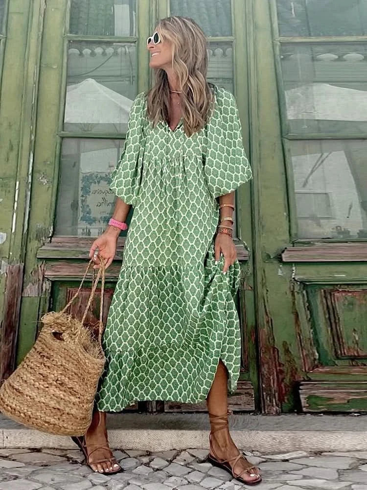Summer Puff Sleeve Long Dress Women Geometric Print Half Sleeve Dress Boho V-Neck Loose Holiday Beach Dress Vestidos - M & M Global