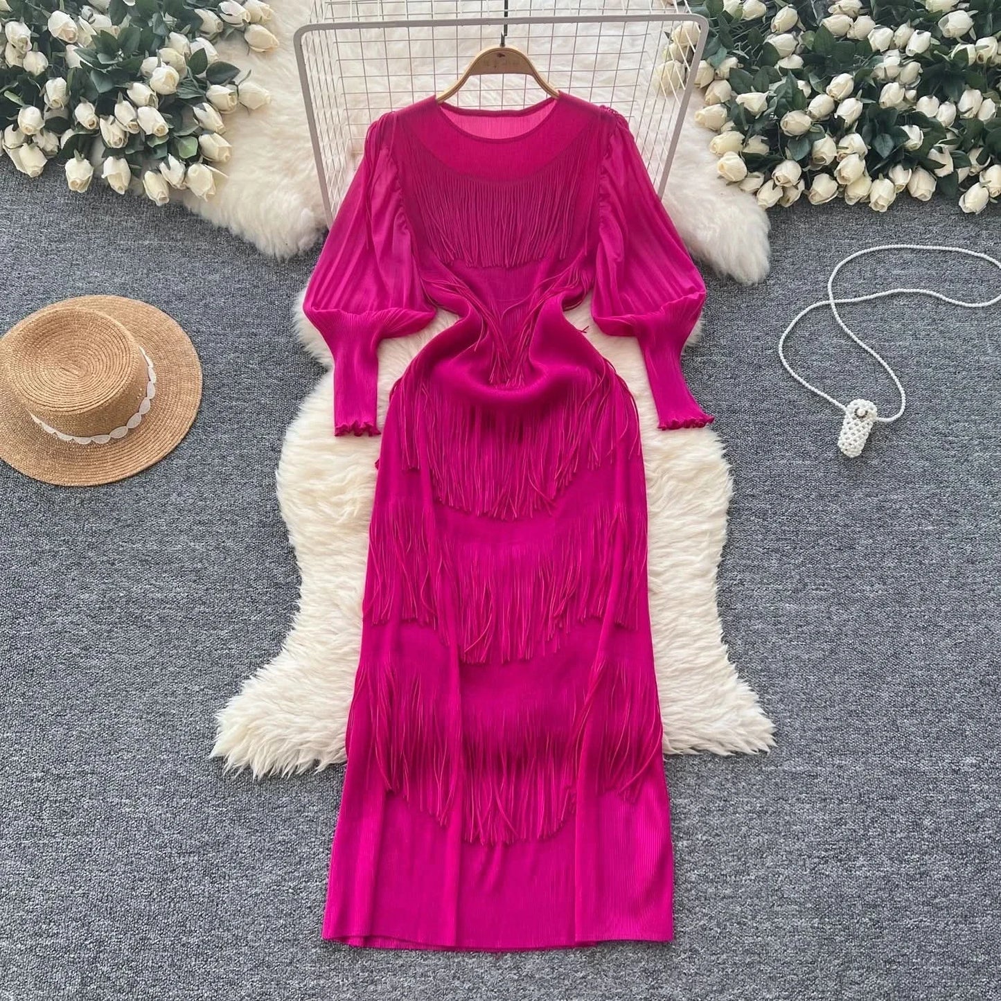 Vintage O-Neck Elegant Long Lantern Sleeve Chic Tassel Slim Long Dress French Fashion Evening High Street Autumn Winter Clothing - M & M Global