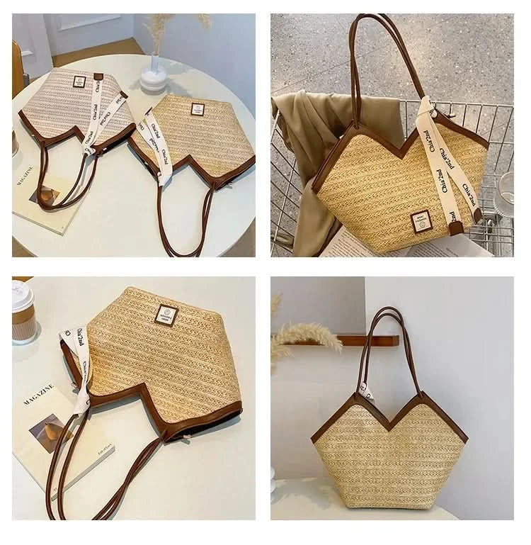 Straw Beach Bag Vintage Handmade Woven Shoulder Bag Raffia circle Rattan bags Bohemian Summer Vacation Casual Bags - M & M Global