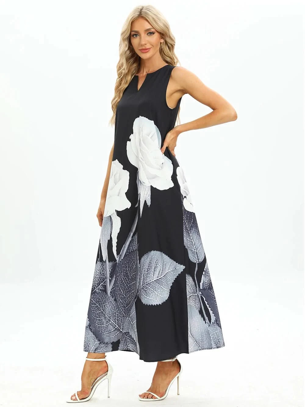 Lady Spring Summer Black Long Dress Sleeveless Red Petals Print Elegant Dresses For Women 2023 Party Beach Women Dress - M & M Global