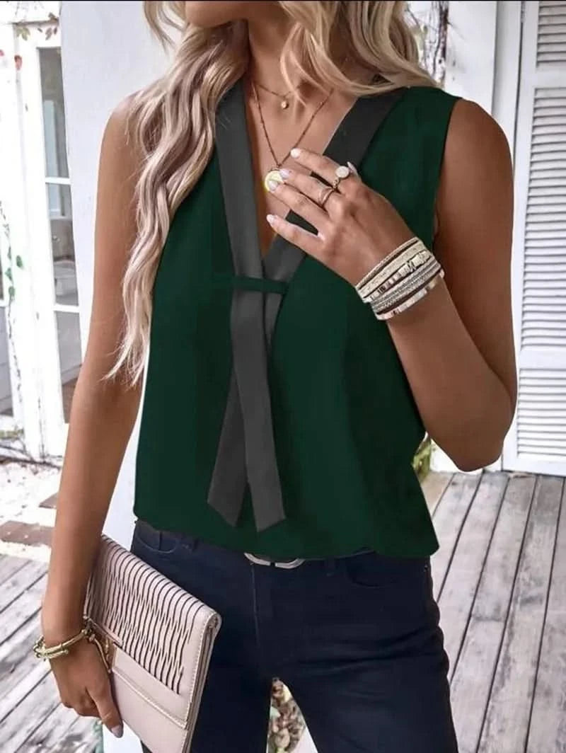 Elegant Women's Blouse Tees 2023 Summer Fashionable Style V-Neck Panel Sleeveless Top Lady Shirt S-XXXL - M & M Global