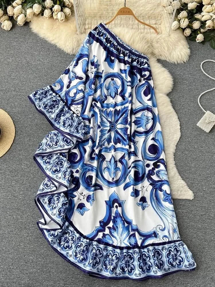 Summer Long Dress Women Runway Blue And White Porcelain Asymmetry Sexy Off The Shoulder Ruffles Hem Loose Robe Maxi Vestidos - M & M Global