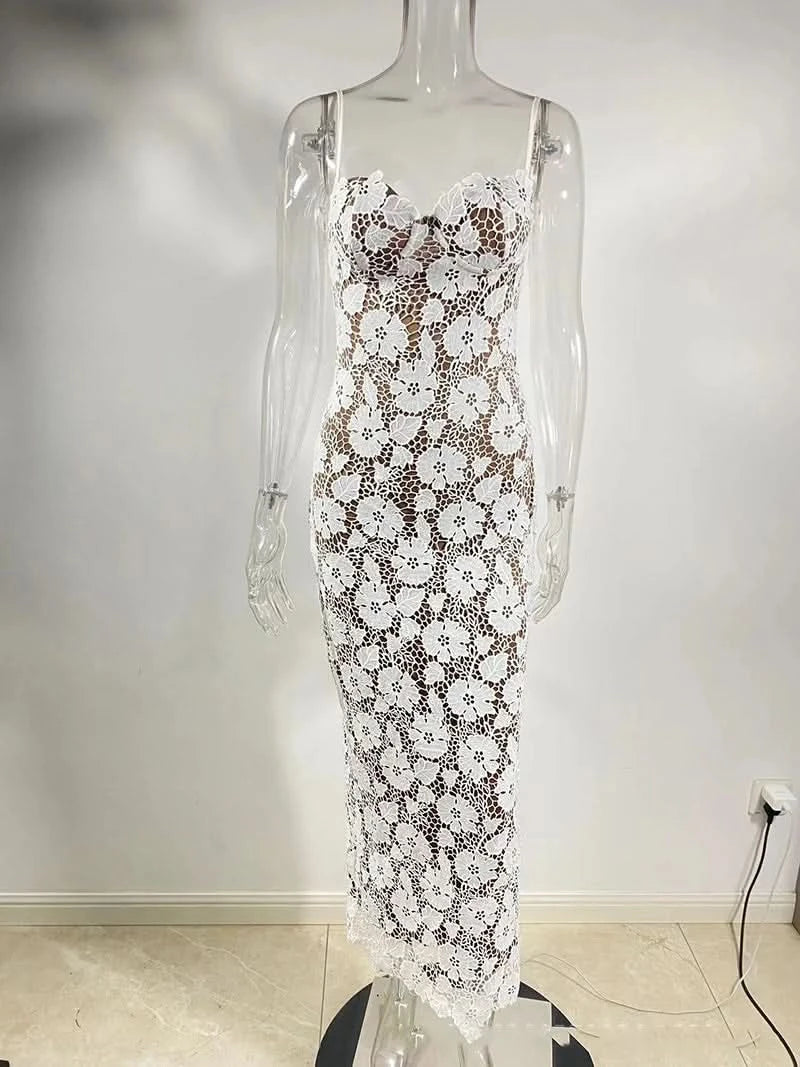 Mozision Floral Embroidery Sexy Maxi Dress For Women Fashion Spaghetti Strap Sleeveless Backless Lace-up Club Party Long Dress - M & M Global