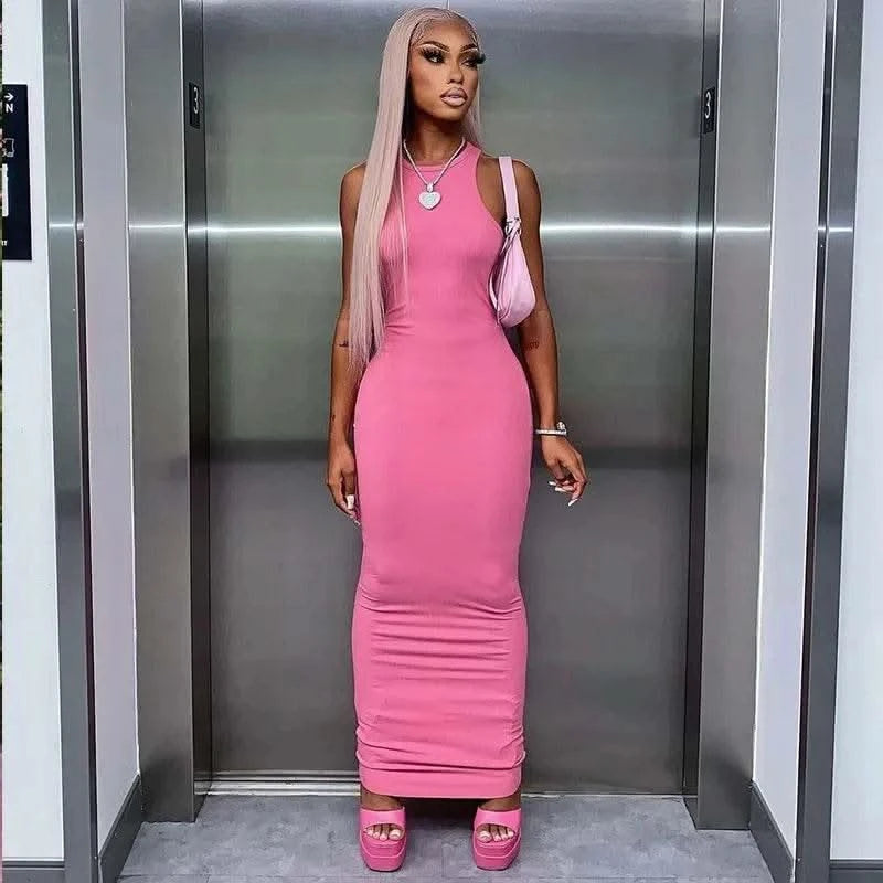Dulzura Women Fashion 2024 Autumn Sleeveless Club Streetwear Bodycon Pink Pencil Long Dress Wholesale Items For Business - M & M Global