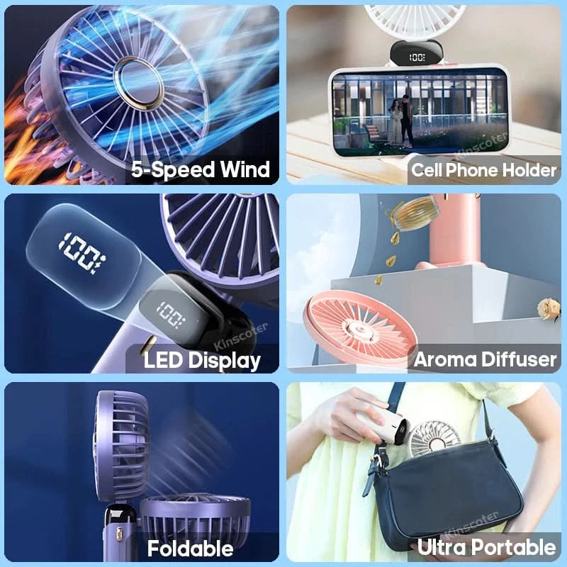 USB Handheld Mini Fan Foldable Portable Neck Hanging Fans 5 Speed USB Rechargeable Fan with Phone Stand and Display Screen - M & M Global