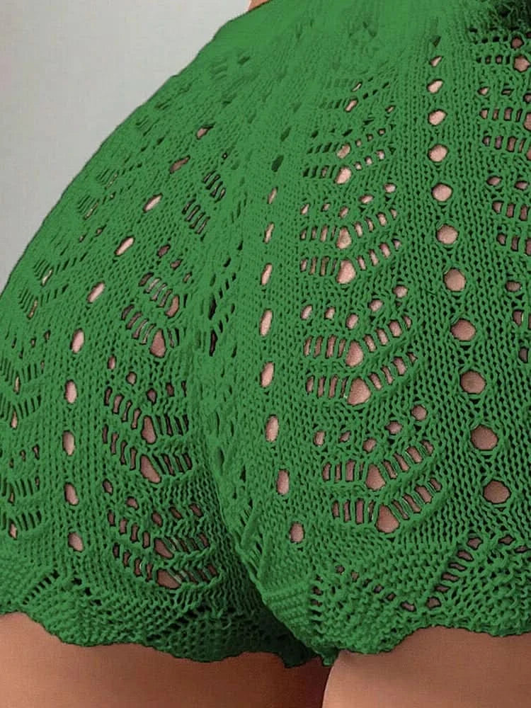 Polyester100.00% Hollow Drawstring Open Waist Knitted Bikini Blocked Women's Shorts - M & M Global