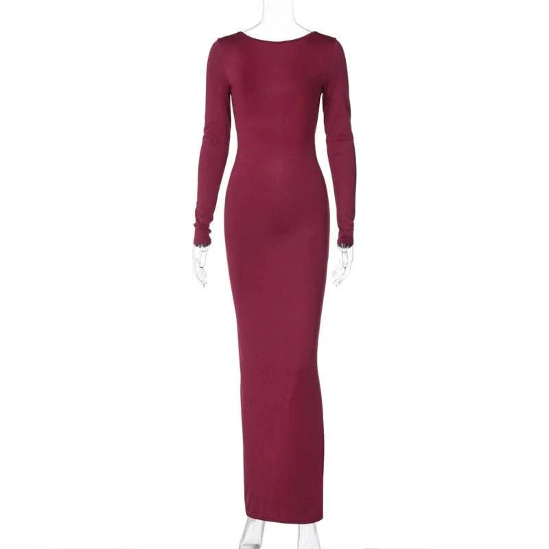 Dulzura O-Neck Long Sleeves Ruched Backless Maxi Dress Solid Sexy Elegant Long Dress Women’S Party Prom Clubwear Autumn Winter - M & M Global