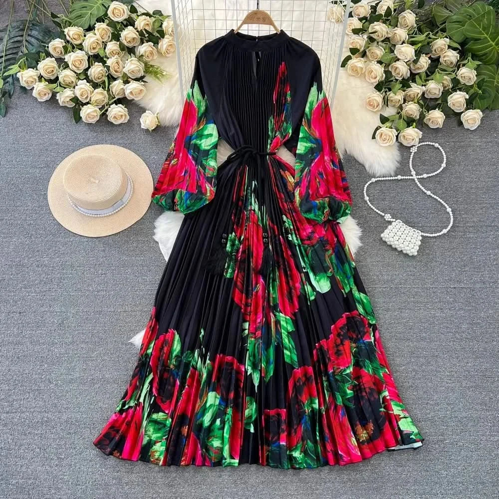 Spring Holiday Print Long Dress For Women Fashion Loose Lantern Sleeve Party Robe Female Big Swing Tassels Belt Pleated Clothes - M & M Global