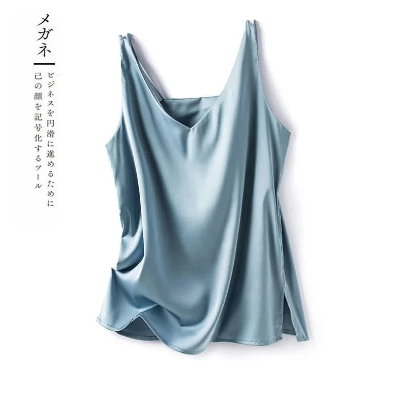 Silk Satin Women Office Lady Double Shoulder Camisole Tank V-neck Sleeveless Top T-shirt Elegant Crop Top Solid Casual Basic New - M & M Global