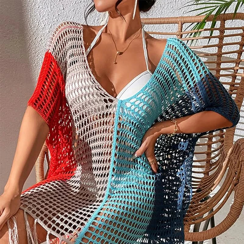 Knitted Contrast Tassel Bikini Summer Beach Cover Up Sexy Hollow Out Women V Neck Loose Beachwear Sunscreen Smock - M & M Global