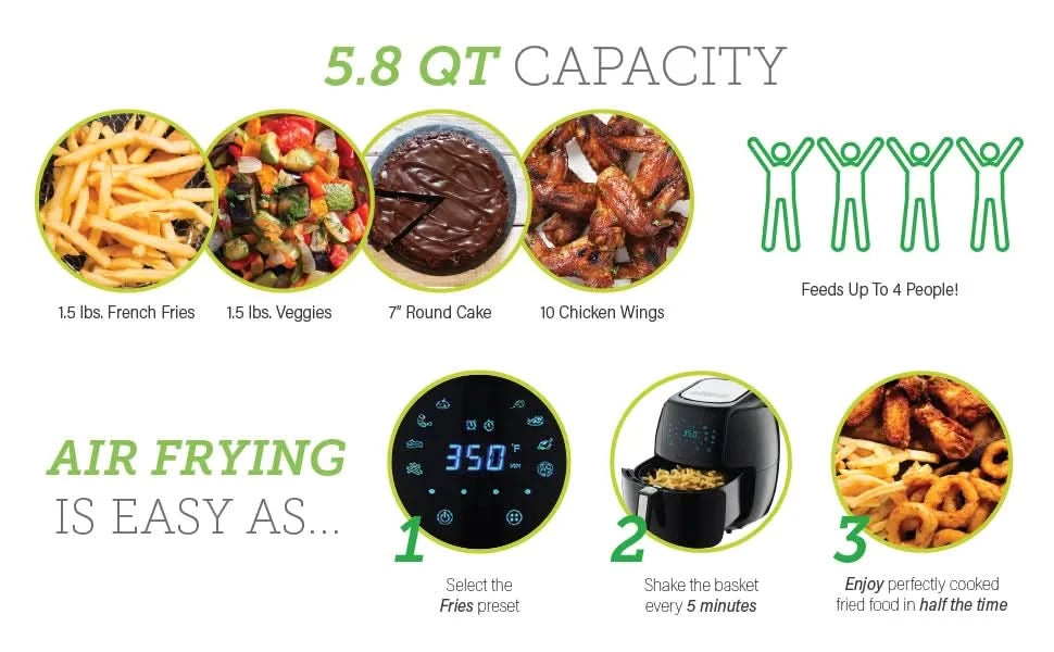 1700-Watt 5.8-QT 8-in-1 Digital Air Fryer with Recipe Book, Black - M & M Global