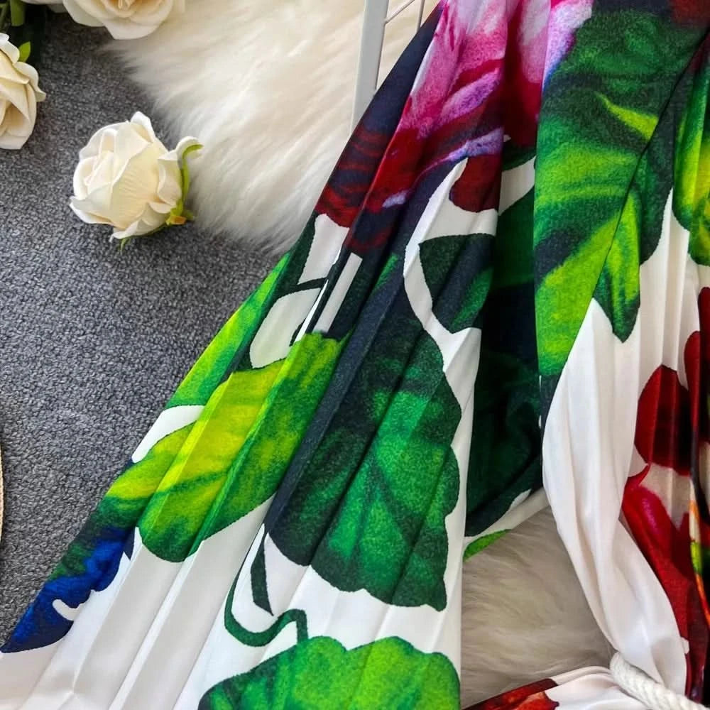Spring Holiday Print Long Dress For Women Fashion Loose Lantern Sleeve Party Robe Female Big Swing Tassels Belt Pleated Clothes - M & M Global