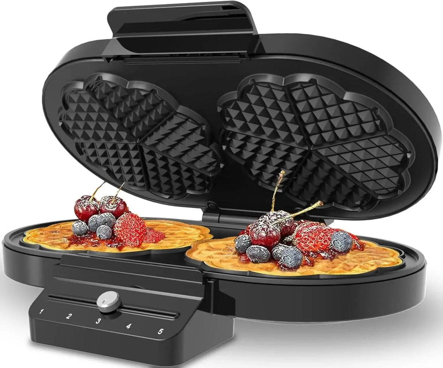 Electric Waffle Maker Heart-Shaped: 2 Non-Stick double-Side Heating Plates with 5-Setting Adjustable Browning Control for Fast H - M & M Global