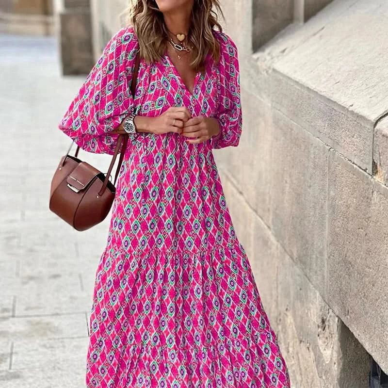 Summer Puff Sleeve Long Dress Women Geometric Print Half Sleeve Dress Boho V-Neck Loose Holiday Beach Dress Vestidos - M & M Global
