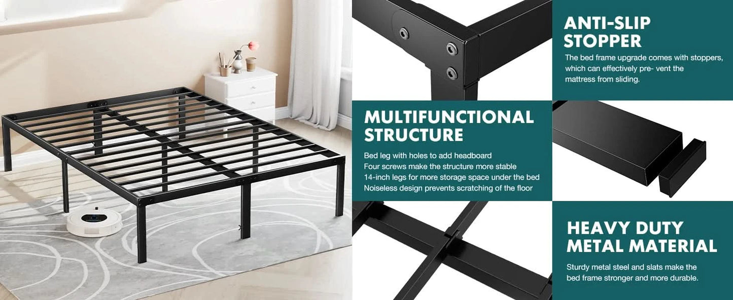 JHK Basic Twin Full Queen King Size Bed Frame Metal Platform Bedroom Frames with Storage Space Sturdy Steel Slat Support 350LBS