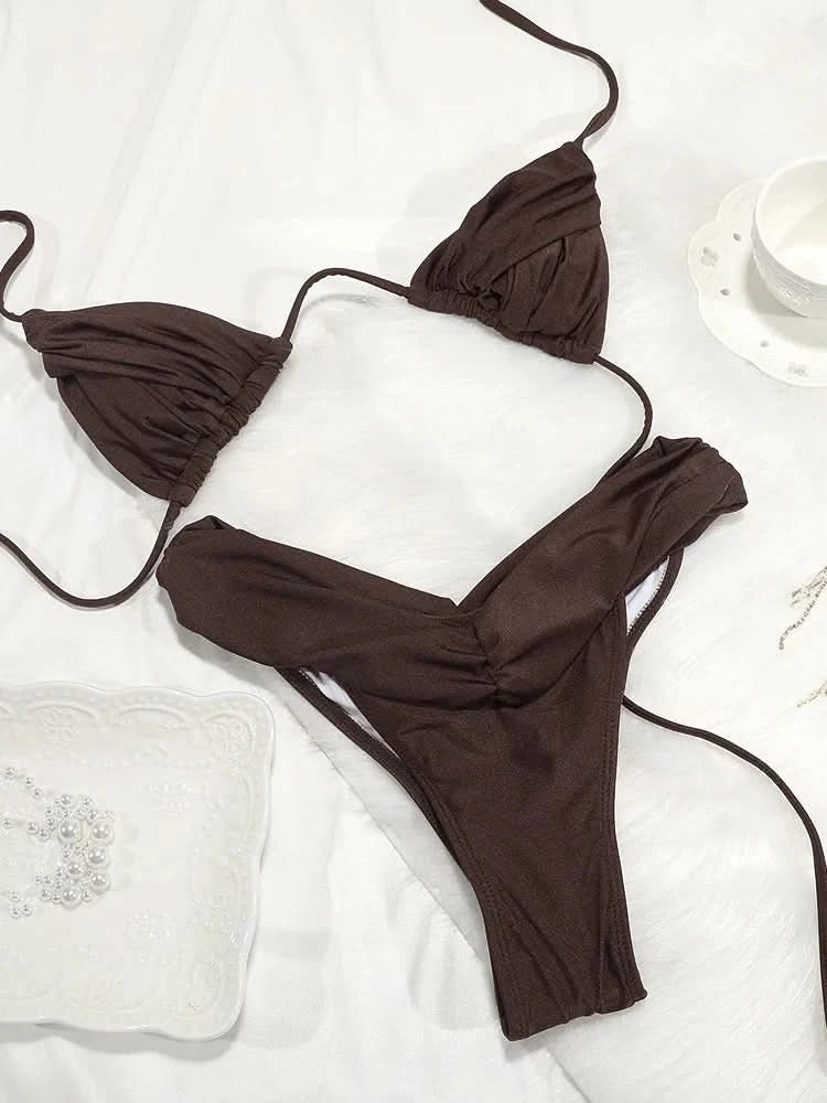 Summer 2025 Bikini Luxury Swimwear Women Biquini Folds Bikini Set Bathing Suit Women Swimsuit High Grade Champagne Bikinis Beach - M & M Global