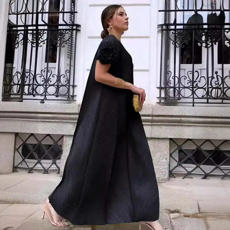 ANLAN Miyake Pleated Maxi Long Dress Mesh Petal Sleeve Half Turtleneck Formal Dresses for Women 2024 New Hot Sales 6KK9927 - M & M Global