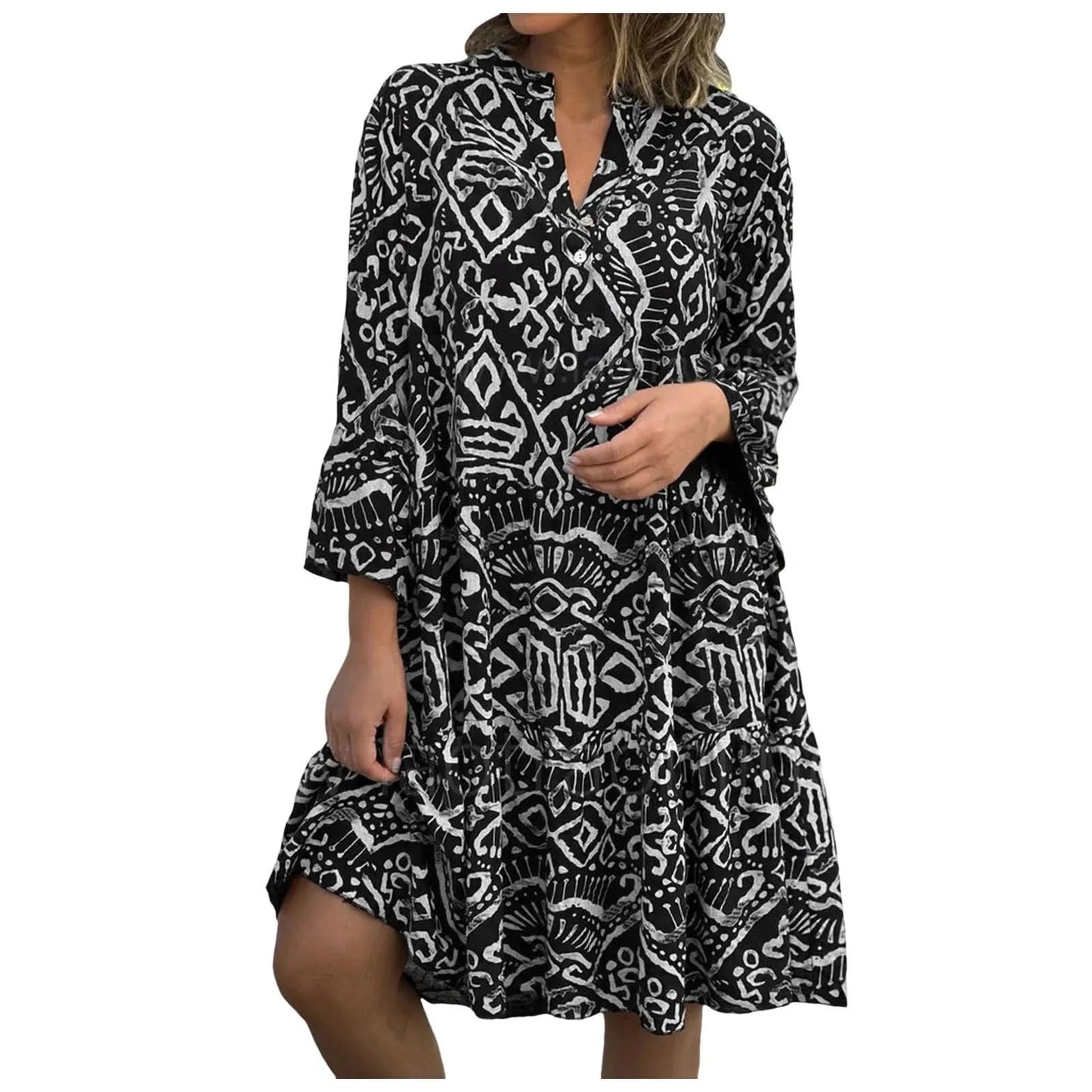 Women Floral Print Maxi Dress Fashion Casual V Neck Long Dress Plus Size Summer Boho Dress Ruffle Three Quarter Sleeves Dresses - M & M Global