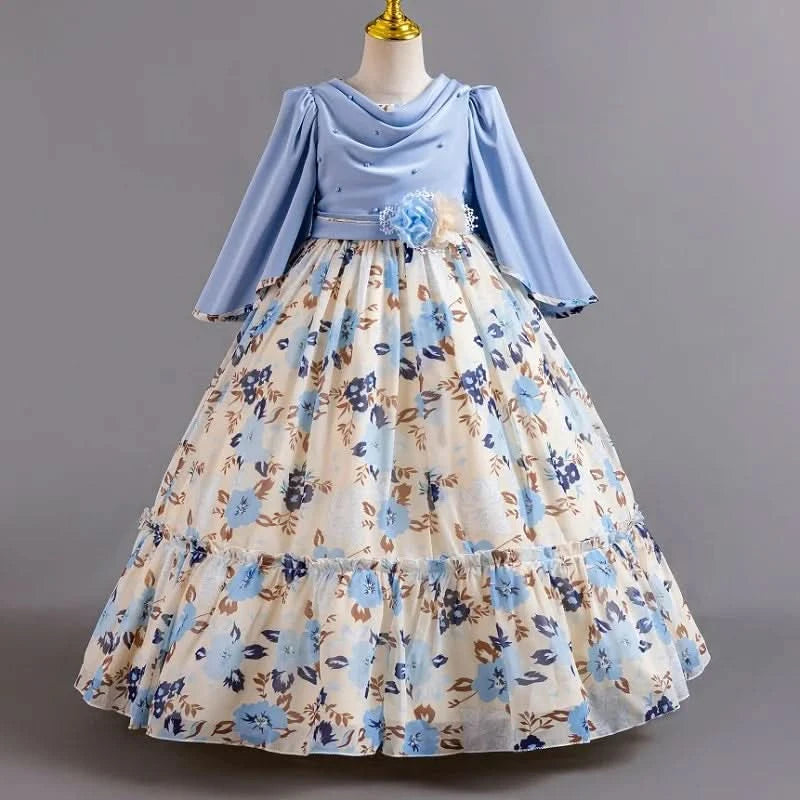 Girls flower pearl long sleeved princess dress 4-12 years old elegant bow printed long dress carnival birthday party performance - M & M Global