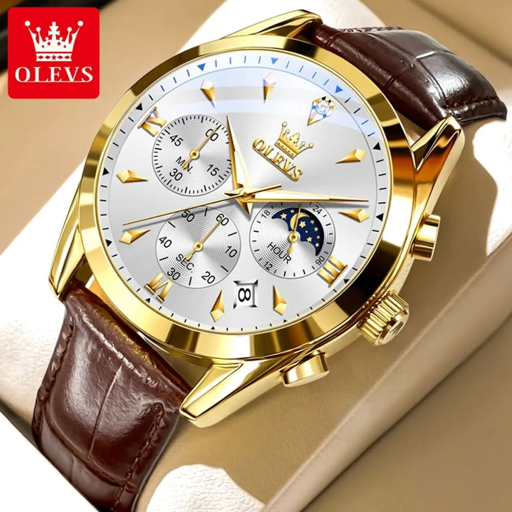 OLEVS Original Watch Leather Strap Moon Phase Luminous Quartz Watches for Man Waterproof Calendar Business Trend Wristwatch - M & M Global