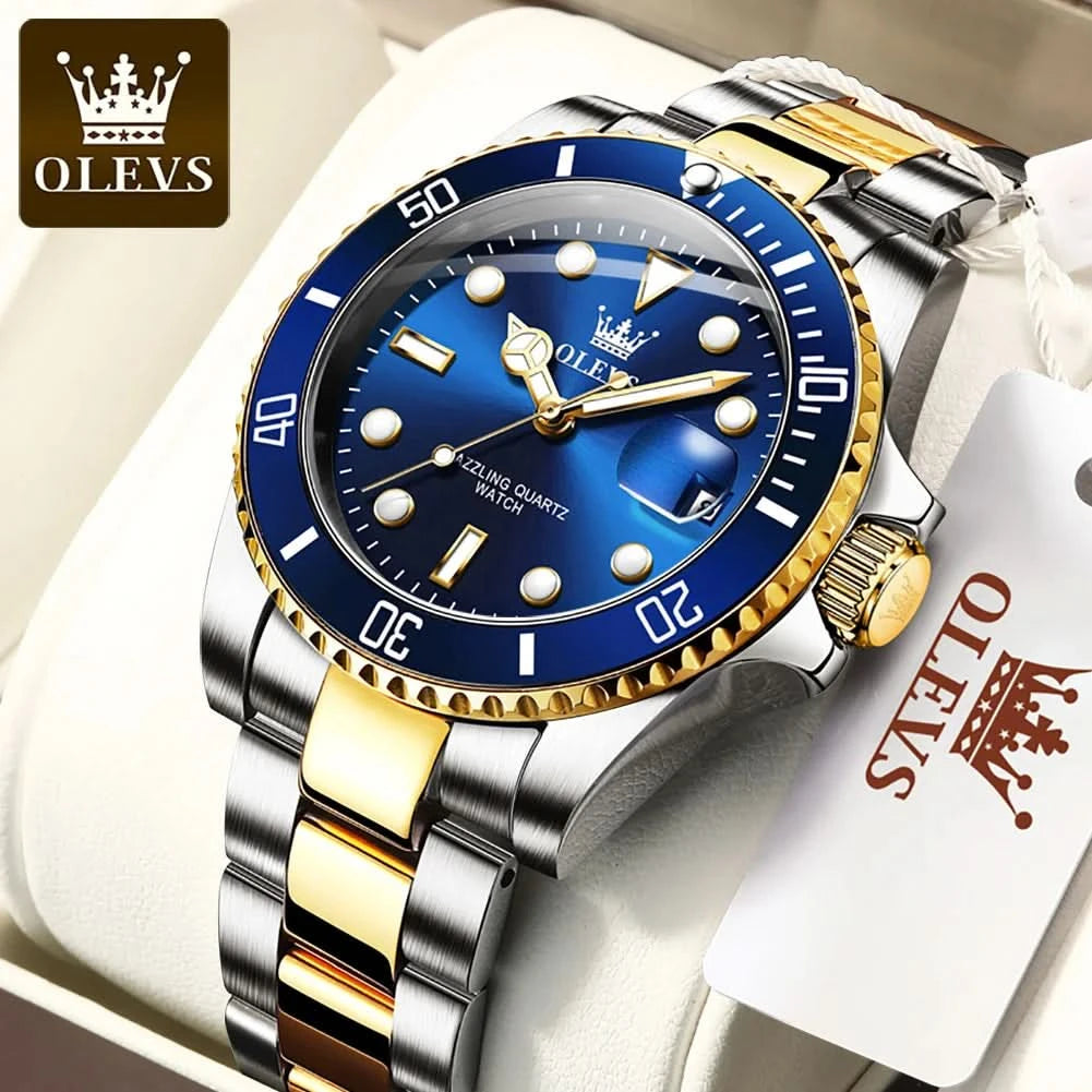 OLEVS Watches for Men with Date Luxury Big Face Waterproof Mens Wristwatch Analog Dress Two Tone Stainless Steel Man Watch - M & M Global