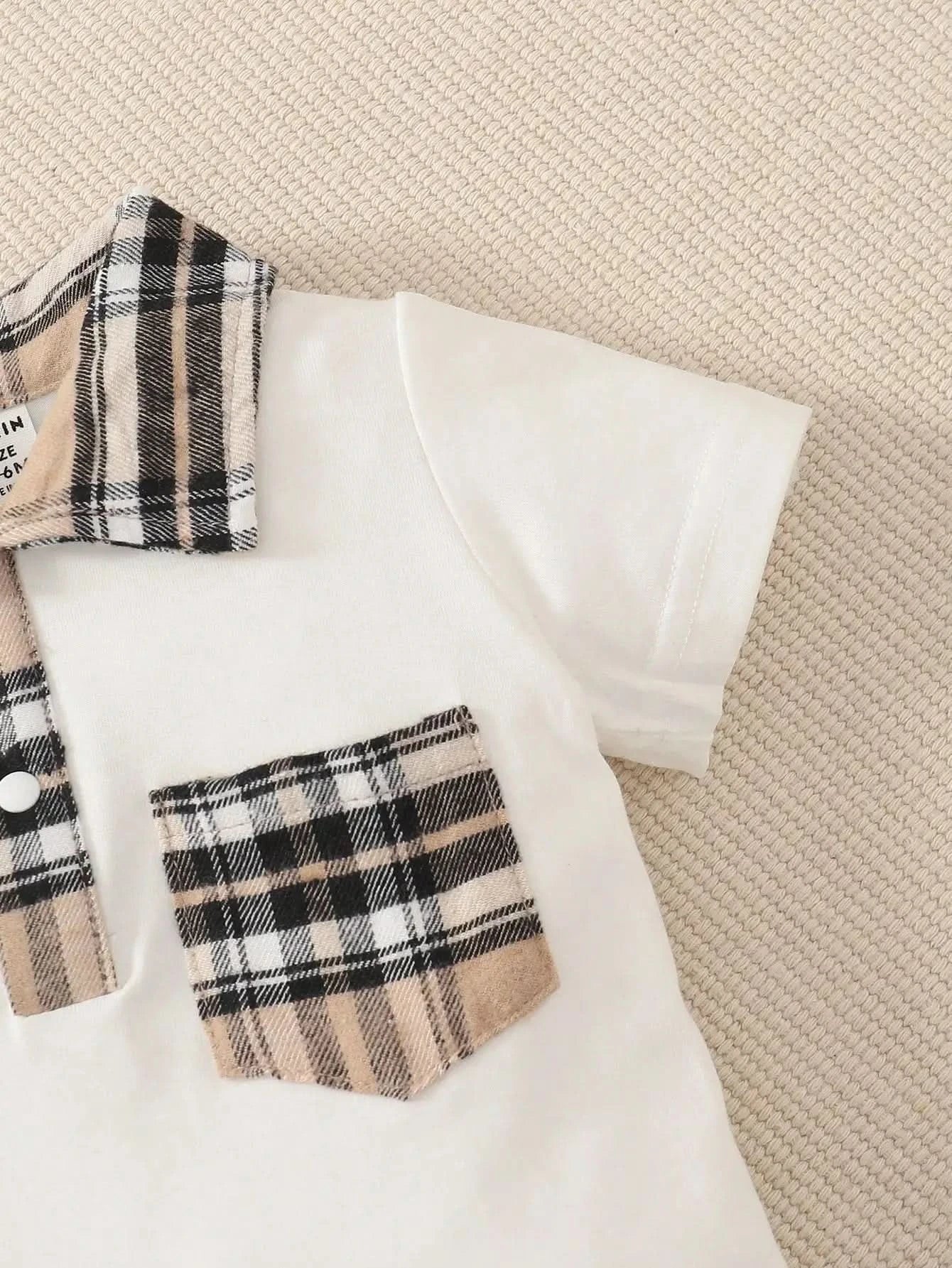 Two-piece baby boy design simple plaid neckline front pocket with plaid hat shorts spring/summer set - M & M Global