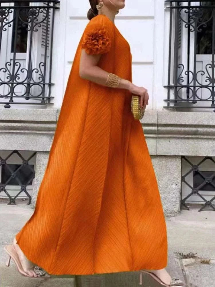 ANLAN Miyake Pleated Maxi Long Dress Mesh Petal Sleeve Half Turtleneck Formal Dresses for Women 2024 New Hot Sales 6KK9927 - M & M Global