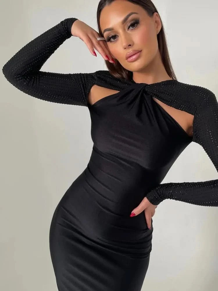 Mozision Hollow Out Sparkle Long Sleeve Maxi Dress For Women Glitter Vestidos Robe New Bodycon Shiny Night Club Party Long Dress - M & M Global