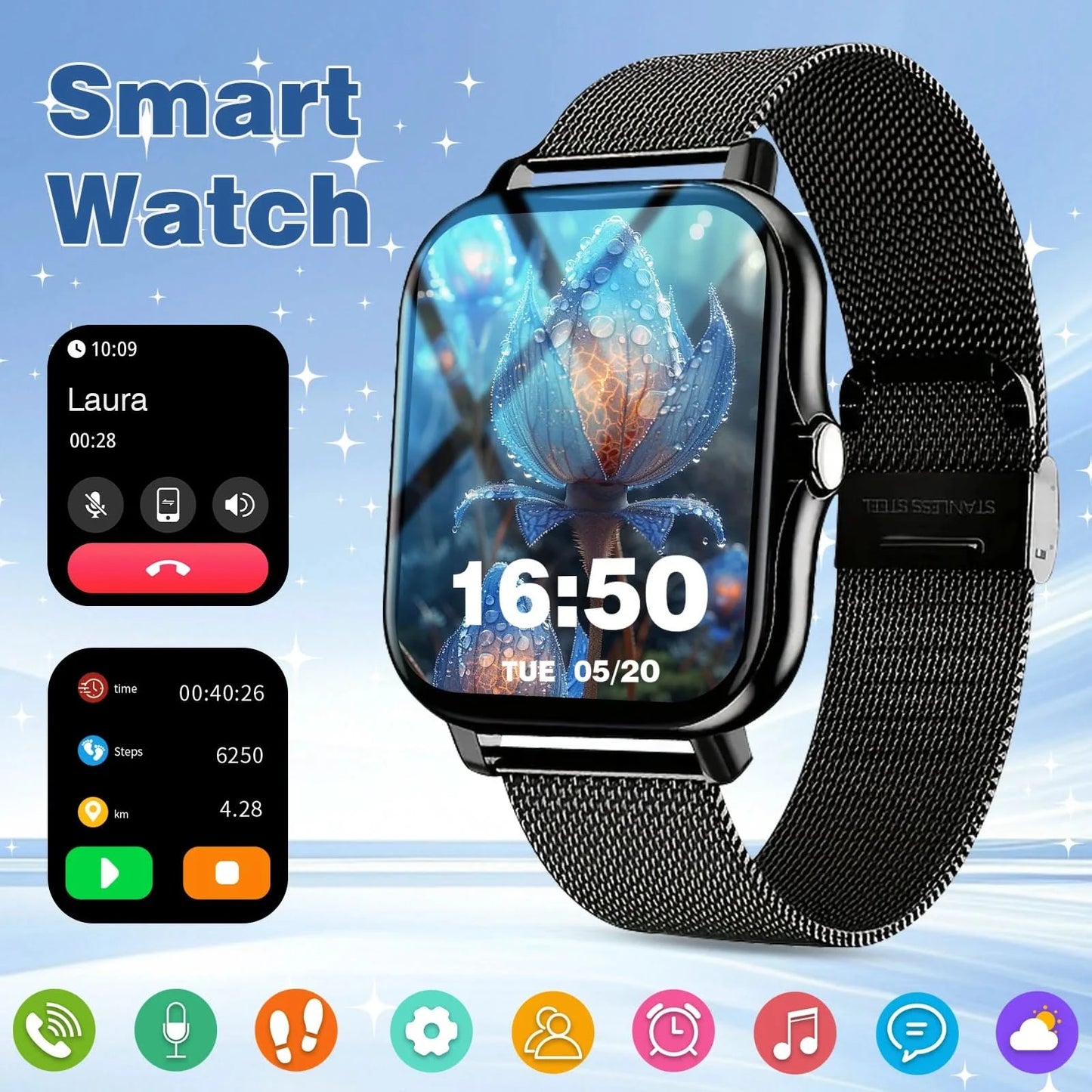 Smart watch, call reminder/rejection, message reminder view, 1.83 inch HD screen, for Android/iPhone
