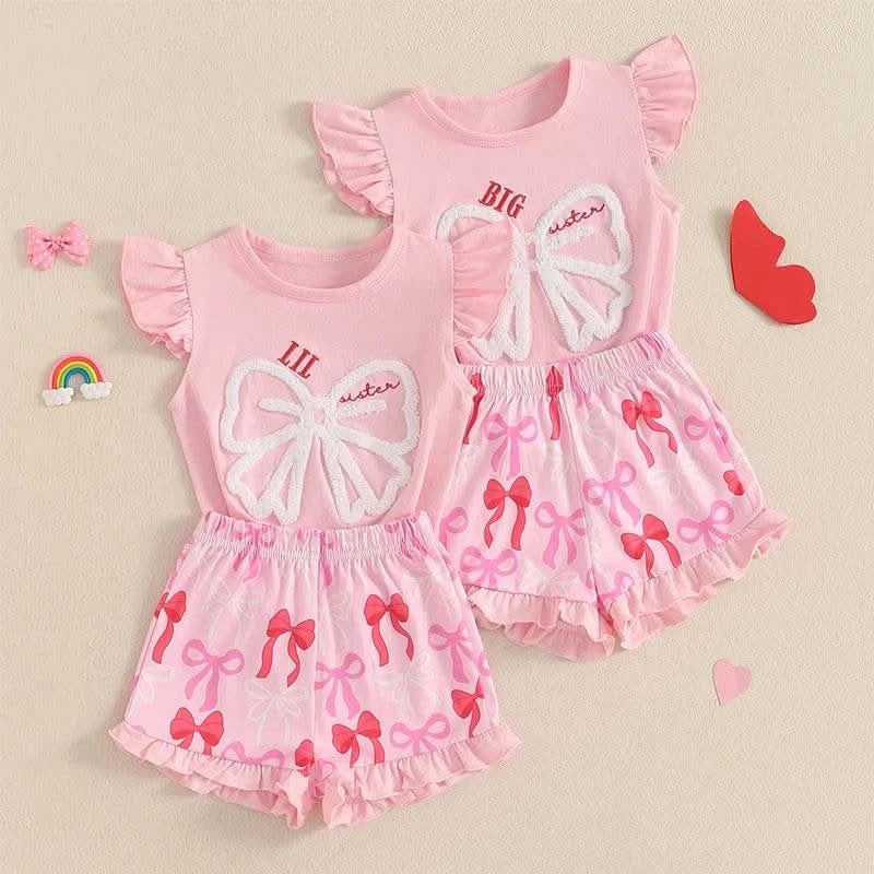 Cute Matching Baby Toddler Brother Outfit Bow Fly Sleeve Tops Elastic Waist Ruffle Shorts 2 Piece Summer Set for Siblings - M & M Global