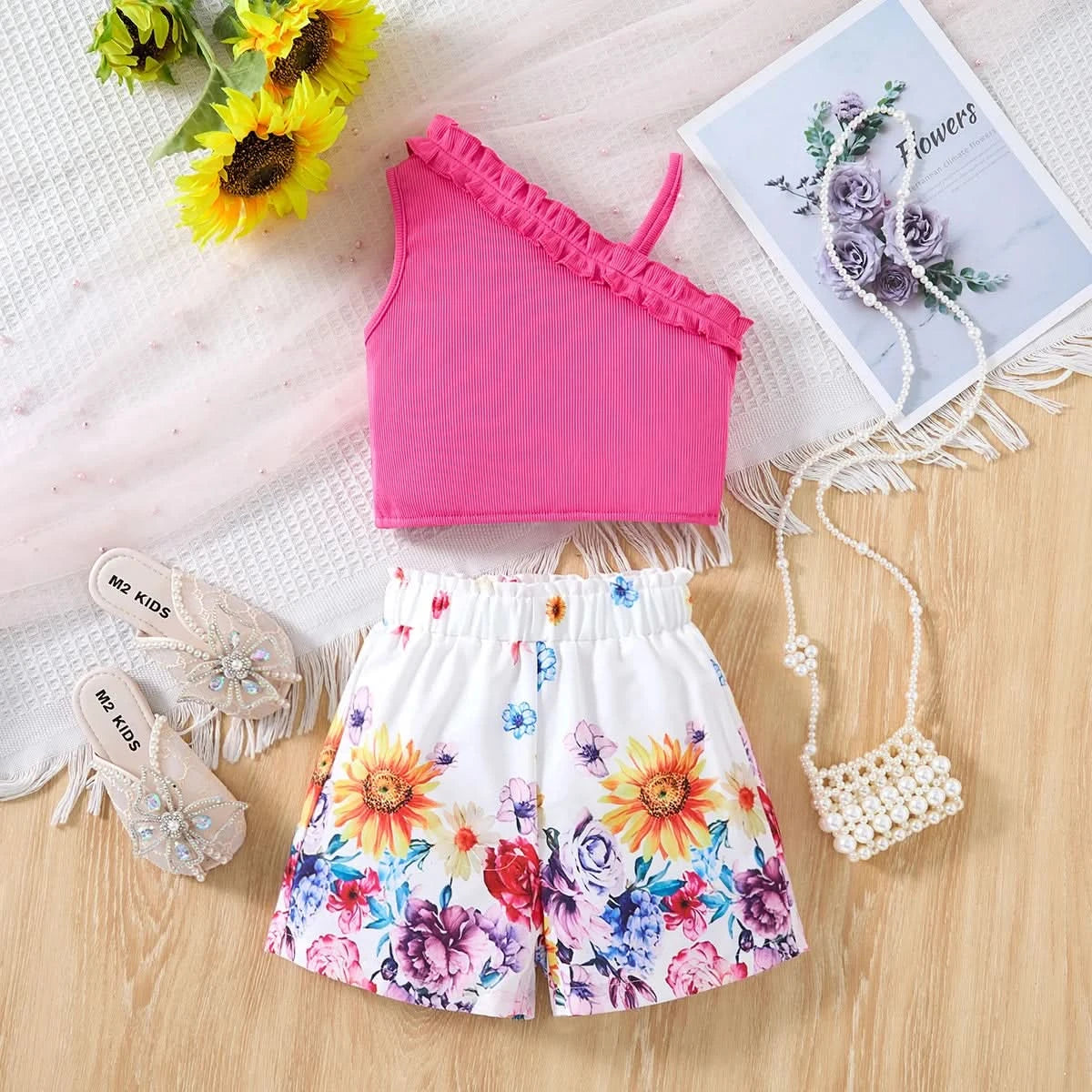 Girls Children Fashion Suit One Shoulder Top & Shorts Printed Floral Girl Summer Suspender Set Birthday Gift Fashion Suits - M & M Global