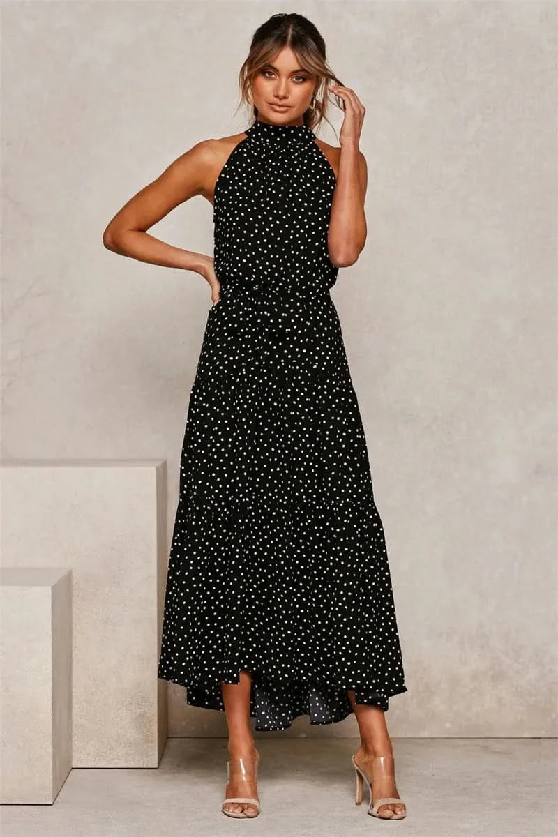 Summer Floral Print Halter Neck Dresses For Women Sleeveless Leace-up Long Dress Casual Beach Holiday Vestidos Female Clothing - M & M Global