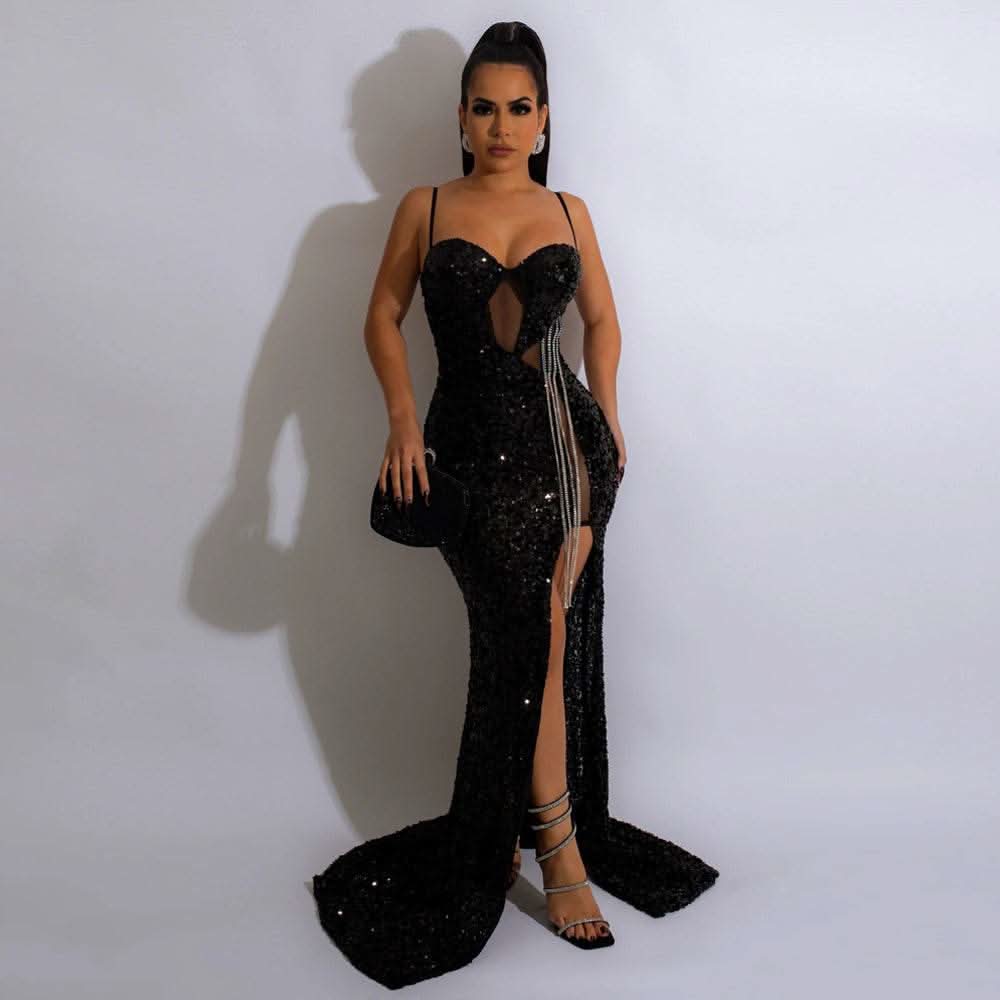 CM.YAYA Women Sequined Tassel Front Spaghetti Strap Sleeveless High Side Slit Maxi Long Dress 2023 Evening Sexy Party Dresses - M & M Global