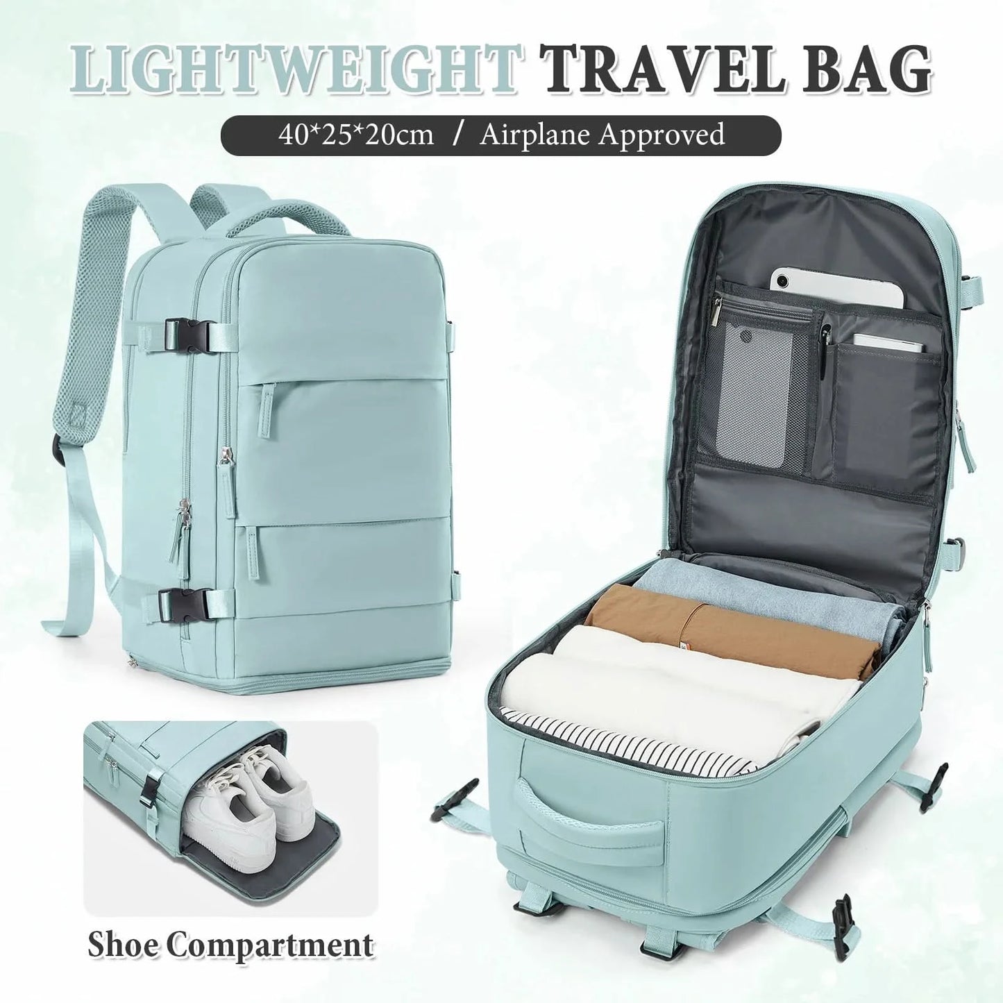 Waterproof unisex hand luggage backpack with compartments, 40x20x25 cm, ideal for travel.