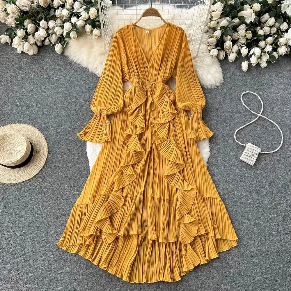 Purple/Brown/Red Chiffon Pleated Long Dress Women Vintage V-Neck Flare Sleeve Draped Ruffle Vestido Female Maxi Robe Spring Fall - M & M Global