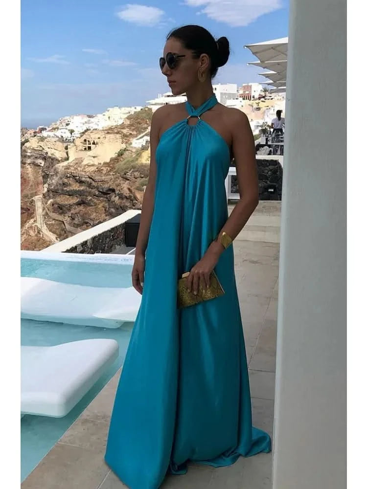 Summer Satin Sexy Women Long Dress Fashion Blue Elegant Vestido Halter Sleeveless Party Evening Dress - M & M Global