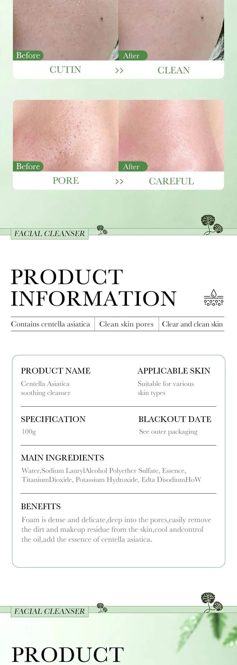 BIOAQUA Centella Asiatica Facial Cleanser Moisturizing Oil Control Face Cleansing Face Wash Foam Facial Cleanser Skin Care - M & M Global