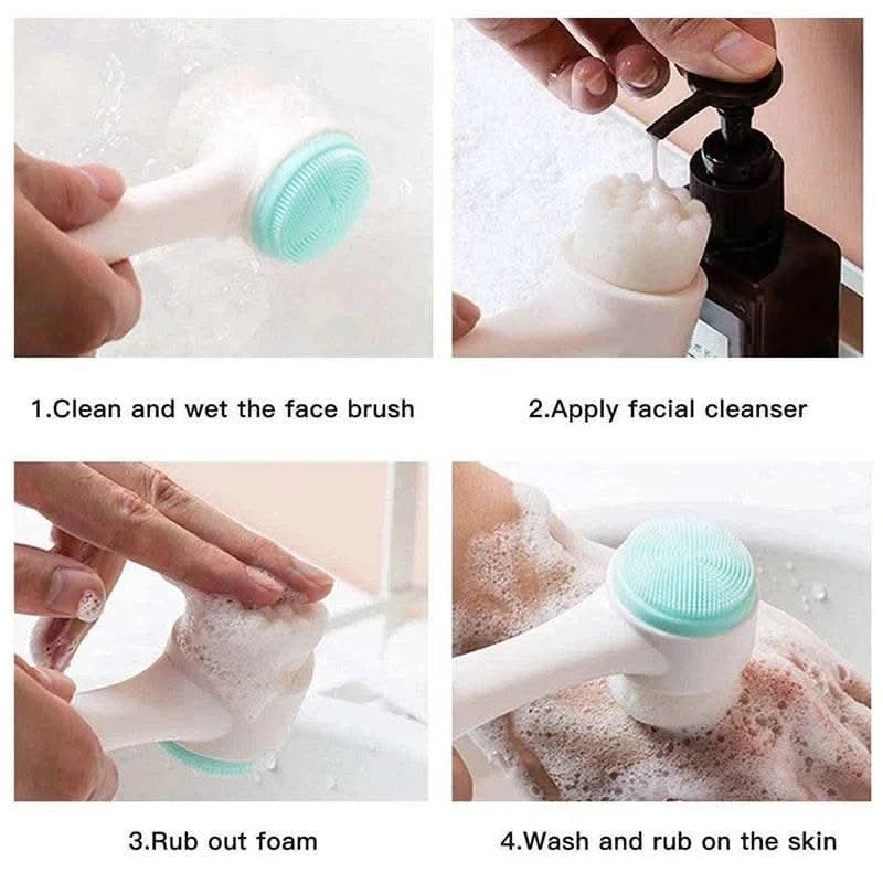 3D Double Silicone Facial Cleansing Brush Manual Massage Facial Brush Soft Bristles Exfoliator Double Sided Face Wash Brush - M & M Global