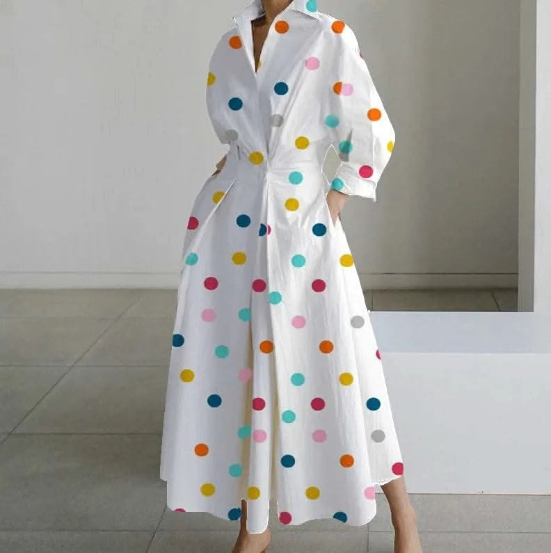 Autumn Dress Long Sleeve Dot Print Elegant Maxi Dresses For Women 2023 White Casual V Neck Shirt Party Long Dress Robe Femme - M & M Global