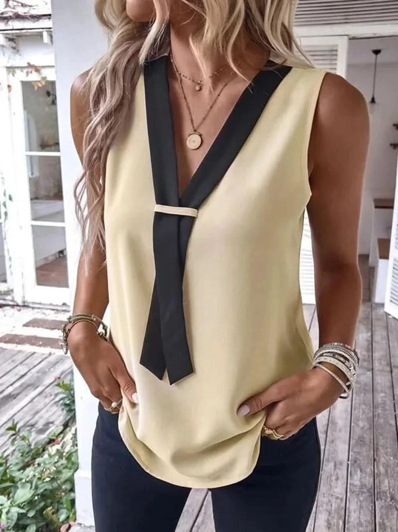 Elegant Women's Blouse Tees 2023 Summer Fashionable Style V-Neck Panel Sleeveless Top Lady Shirt S-XXXL - M & M Global