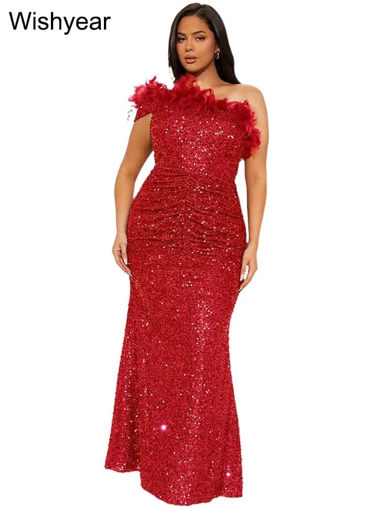 New Luxury Sequined Feather One Shoulder Sleeveless Slanted Collar Backless Purple Long Dress Women Birthday Party Event Gowns - M & M Global