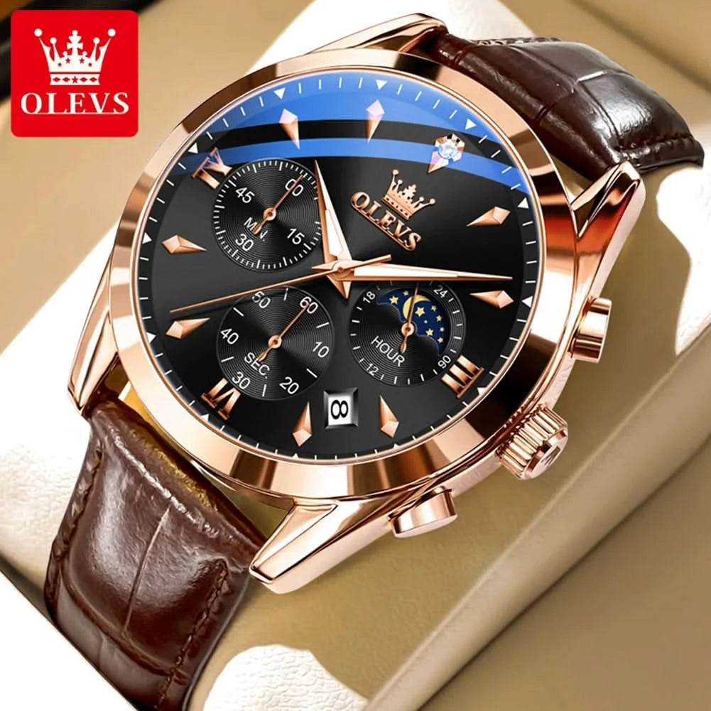 OLEVS Original Watch Leather Strap Moon Phase Luminous Quartz Watches for Man Waterproof Calendar Business Trend Wristwatch - M & M Global