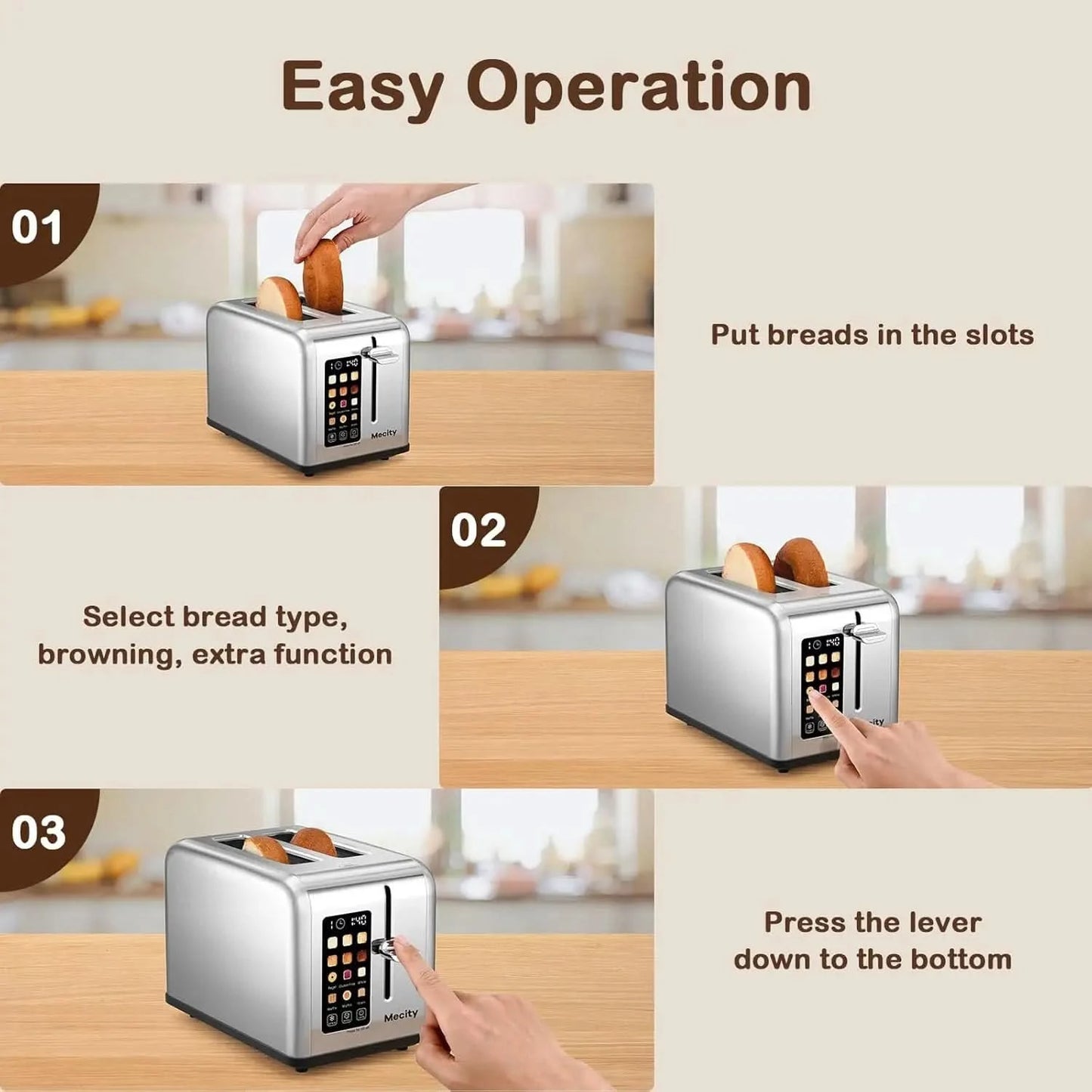 2 Slice Toaster Touch Screen 1.5" Wide Slot, Stainless Steel Smart Bread Toaster for Bagel Muffin Waffle Gluten Free Breads, Tim - M & M Global