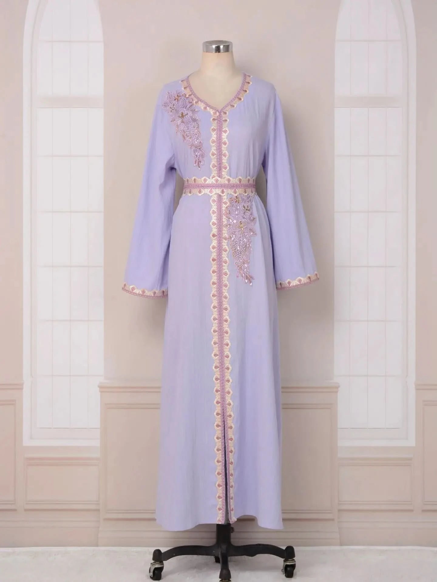 Ramadan Luxury Muslim Fashion Bat Sleeve Moroccan Turkiye Dubai Dress Middle East Arab Dress Sequins Golden Velvet Long Dress - M & M Global