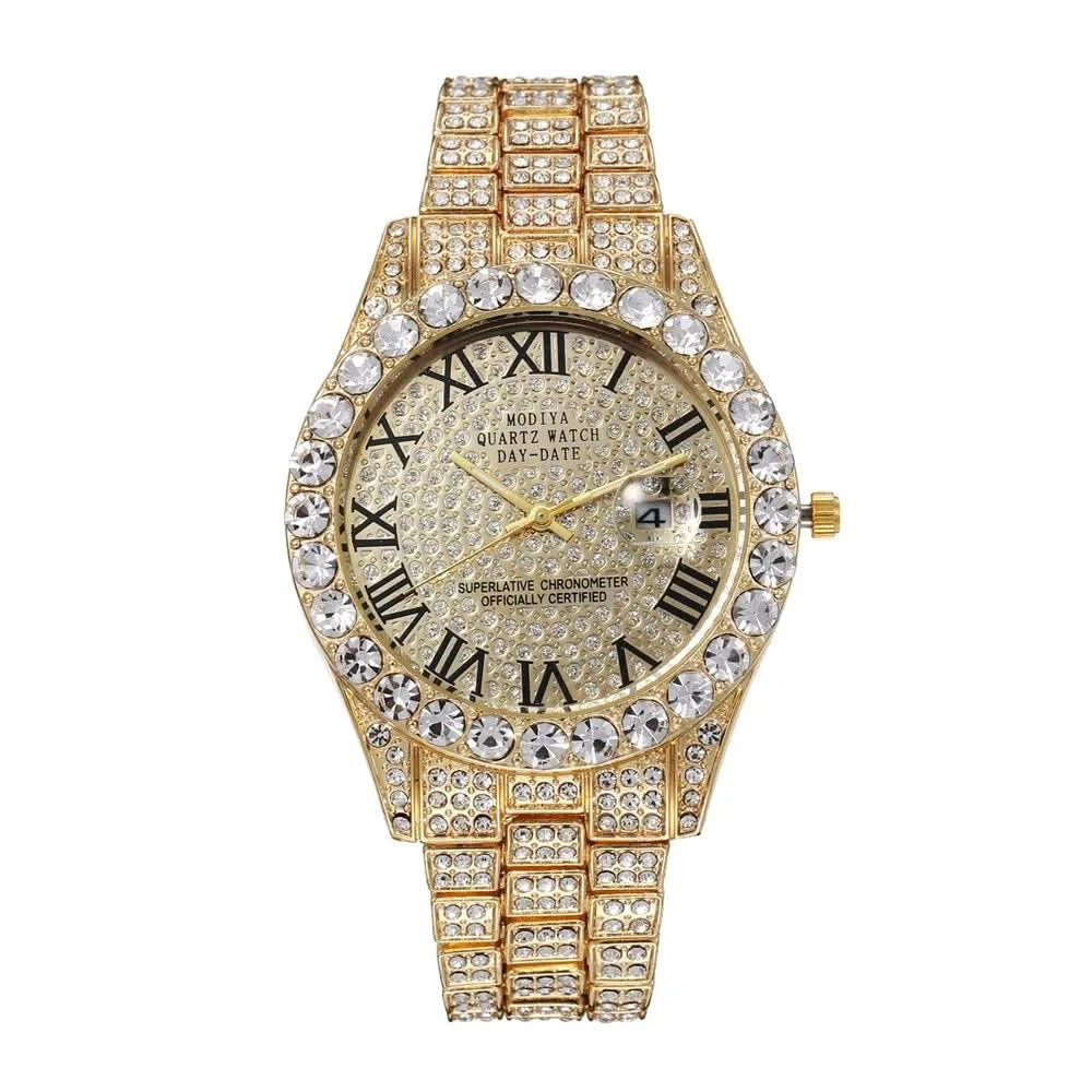 Hip Hop Iced Out Men Watch Full AAA Rhinestone Around Luxury Quartz Watches Round Clock Unisex Wrist Watch Gift For Boyfriend - M & M Global