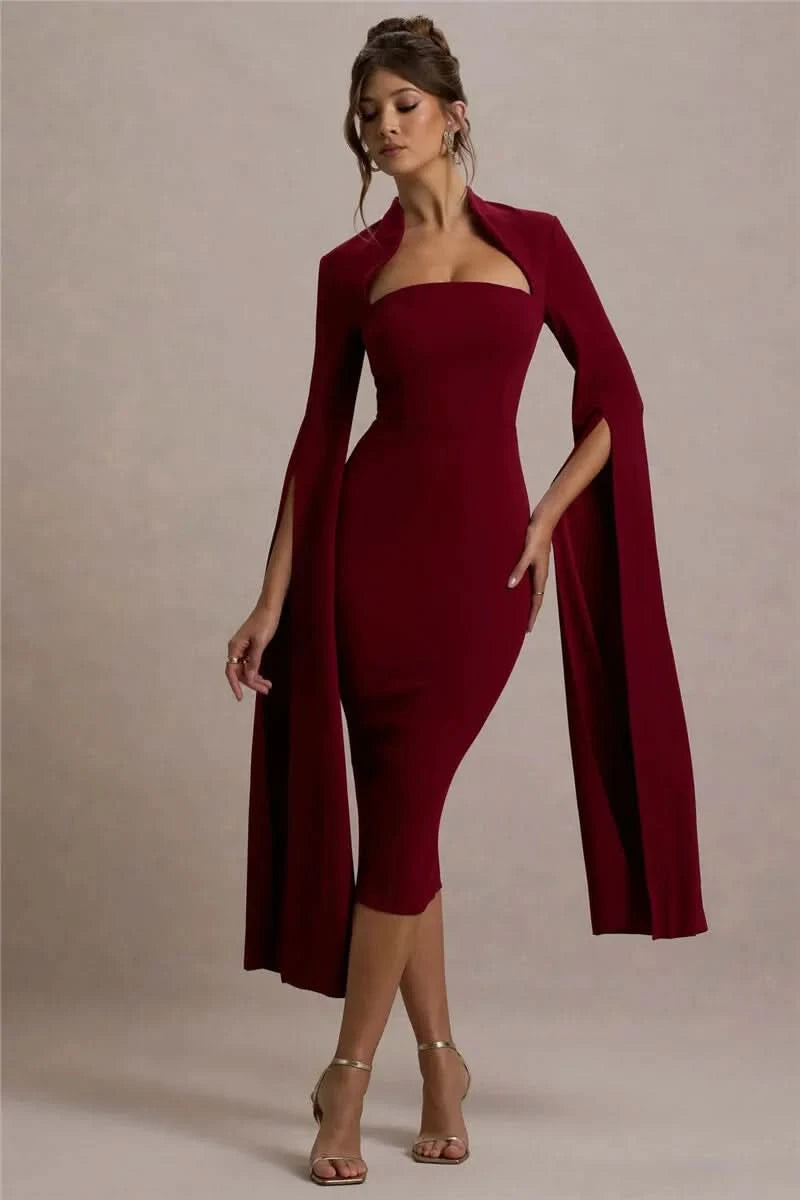 Mozision Cape Long Sleeve Sexy Midi Dress For Women Autumn Winter New Square Collar Back Slit Bodycon Club Party Long Dress - M & M Global