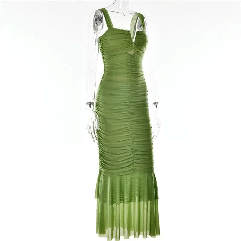 Mozision Hollow Out Backless Ruched Maxi Dress For Women Robe Elegant Spaghetti Strap Sleeveless Bodycon Party Long Dress - M & M Global