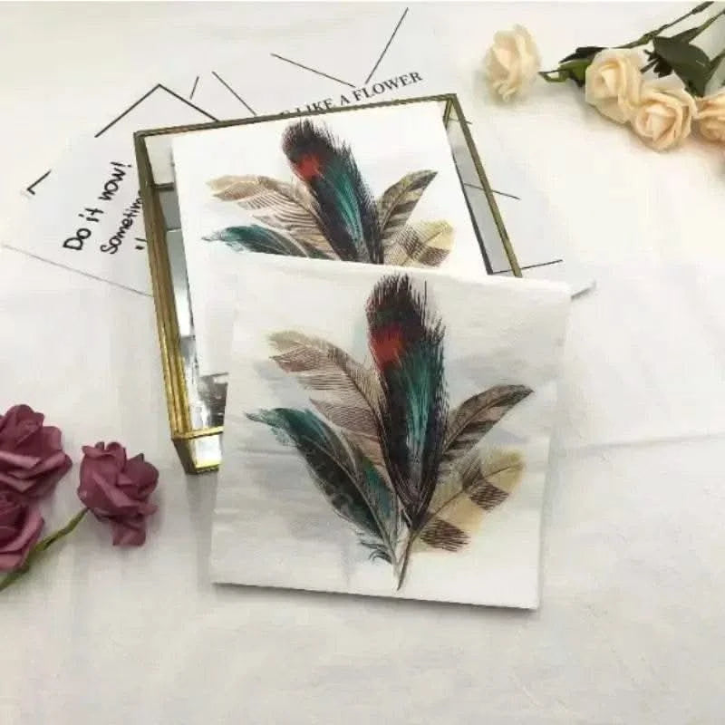 20pcs/pac Colourful Printed Napkin Feather Model Tissue Drawing Paper Restaurant Party Gathering Facial Tissue Mouth Cloth - M & M Global