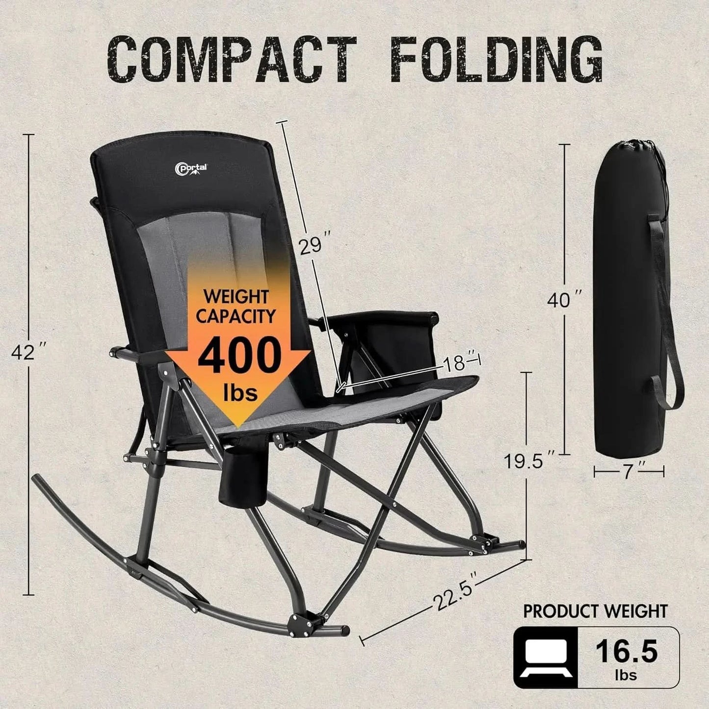 Oversized Folding Rocking Chair. Portable Outdoor Rocker. High Back, Hard Armrests. Carry Bag. Supports 400 lbs. Mesh Back.